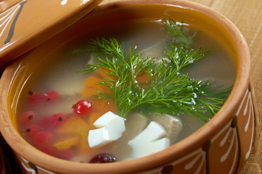 Aspic from meat decorated with egg, carrot,