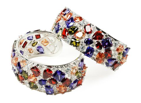 silver bracelet with stones on a white background