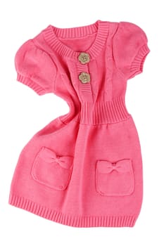 Red knitted baby dress on a white background