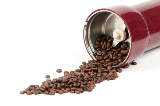 electric coffee grinder and coffee isolated on white background