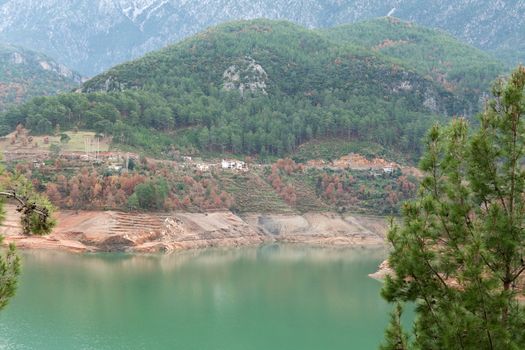 Views of the azure mountain lake through the pine forest