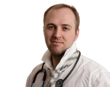 mad doctor a stethoscope on a white background