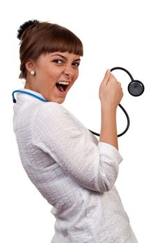 beautiful young woman doctor with a stethoscope sings on a white background
