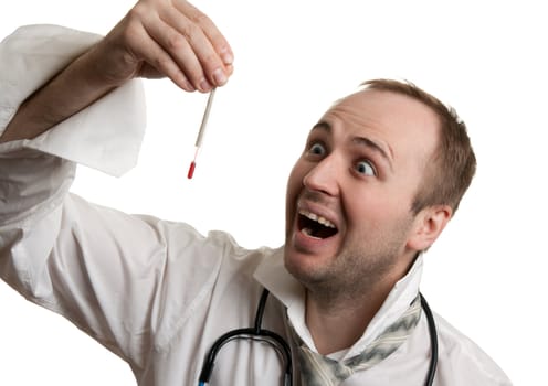 mad doctor looks at the thermometer on white background