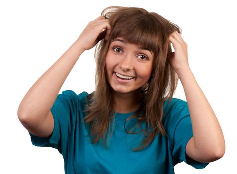 portrait of a young brunette, isolated on a white background