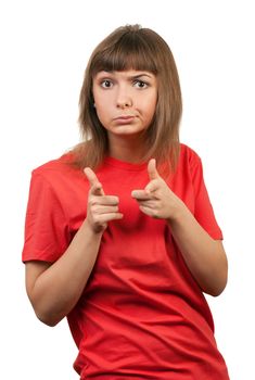 portrait of the brunette in a red sweater isolated on a white background