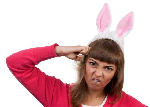 girl with rabbit ears isolated on white background