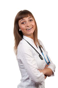 beautiful young woman doctor with stethoscope isolated on white background