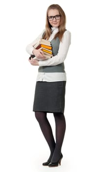 girl in glasses with books on white background