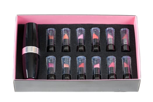 collection of women's lipsticks in a black box