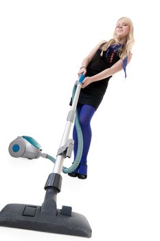 The girl in blue tights with a vacuum cleaner