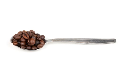 spoon with coffee beans isolated on white background