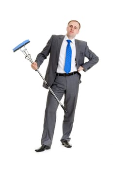 Businessman in a gray suit with a blue mop