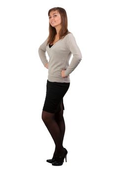 young business lady stands isolated on a white background
