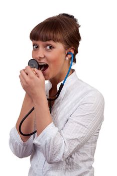 beautiful young woman doctor with a stethoscope sings on a white background