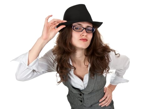 beautiful girl in the black hat, sends a kiss isolated on a white background