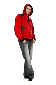 man in a red sweater with a hood on a white background