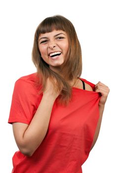portrait of the brunette in a red sweater isolated on a white background