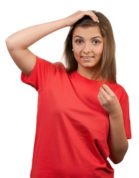 portrait of the brunette in a red sweater isolated on a white background