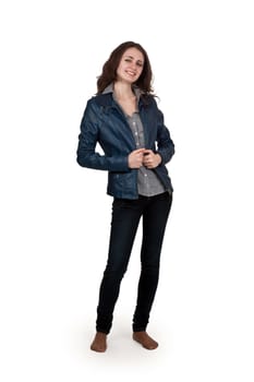 girl in leather jacket, isolated on a white background