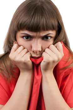 portrait of the brunette in a red sweater isolated on a white background