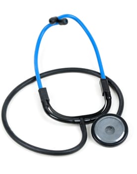 blue plastic medical stethoscope isolated on white background