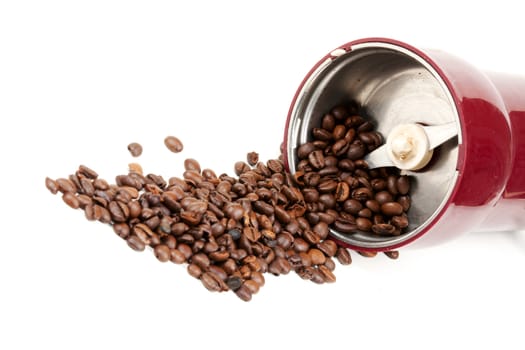 electric coffee grinder and coffee isolated on white background