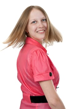 girl in red dress turned back with a smile on a white background