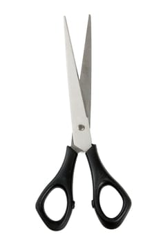 scissors with black plastic handles isolated on white background