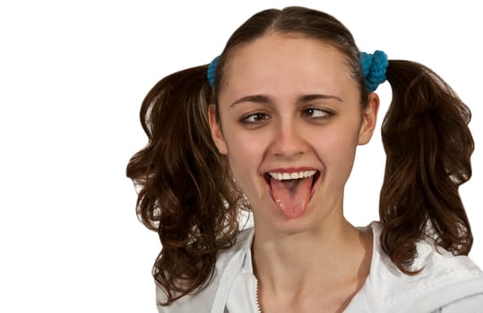 girl with pigtails shows the language on a white background