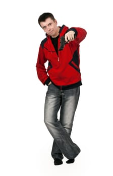 young thug in a red sweater with a gun on a white background