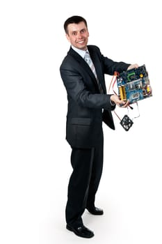 happy businessman presents broken computer on a white background