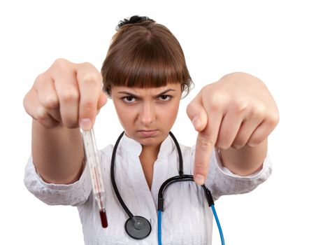 beautiful young woman doctor with a thermometer isolated on white background