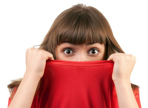 portrait of the brunette in a red sweater isolated on a white background