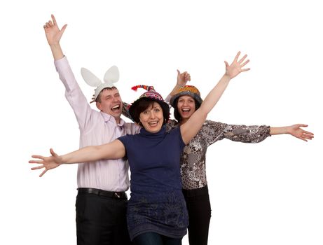 Three friends having fun in the caps on a white background