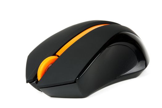 black computer mouse with an orange to scroll isolated on white background