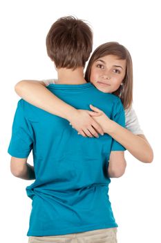 girl hugging guy isolated on white background