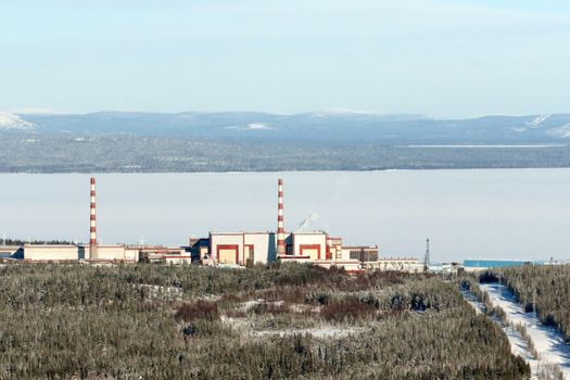 View of the Kola nuclear power station from the mountain. Industrial landscape