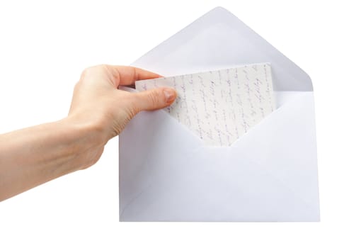 female hand holding an envelope isolated on a white background