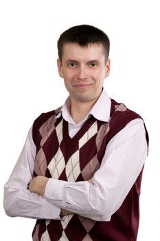 portrait of a man in a plaid vest and shirt isolated on white background