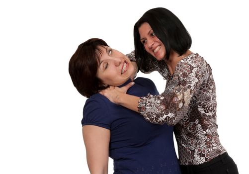 girl strangling a woman on a white background