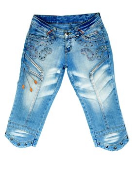 blue denim breeches with steel studs on white background