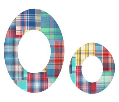 collage letter "O" of the color patches checkered fabric on a white background