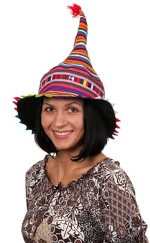 portrait of a woman in a colored hat isolated on white background