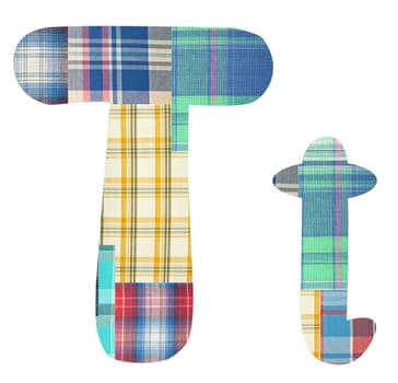 collage letter "T" of the color patches checkered fabric on a white background