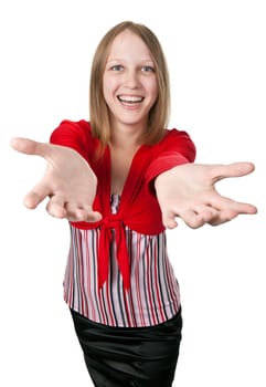 beautiful smiling girl in a bright red blouse, pulls his hands on a white background