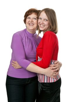 young daughter with her ​​mother, middle-aged white background