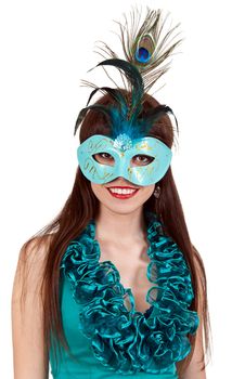 brunette girl in a blue dress and a masquerade mask on a white background