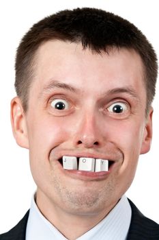 JOY word composed of letters from the keyboard in the mouth of businessman