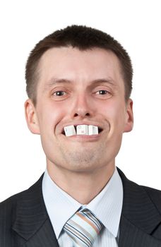 JOY word composed of letters from the keyboard in the mouth of businessman